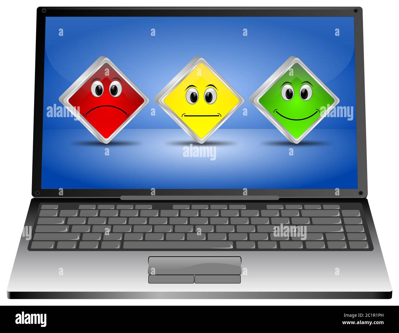 Ordinateur portable avec trois boutons de vote sur un bureau bleu - illustration 3D Banque D'Images