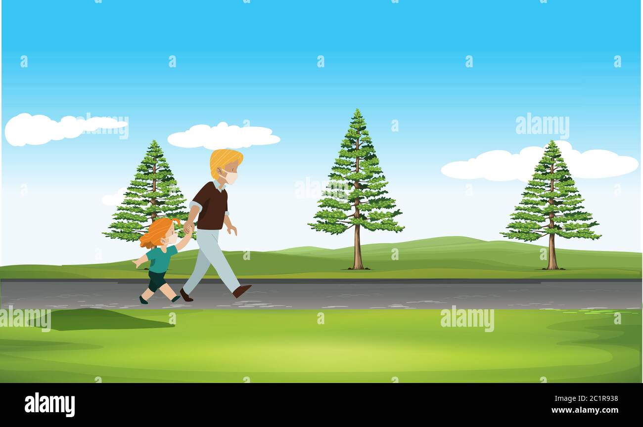 homme marchant avec sa fille sur la route dans le jardin Illustration de Vecteur