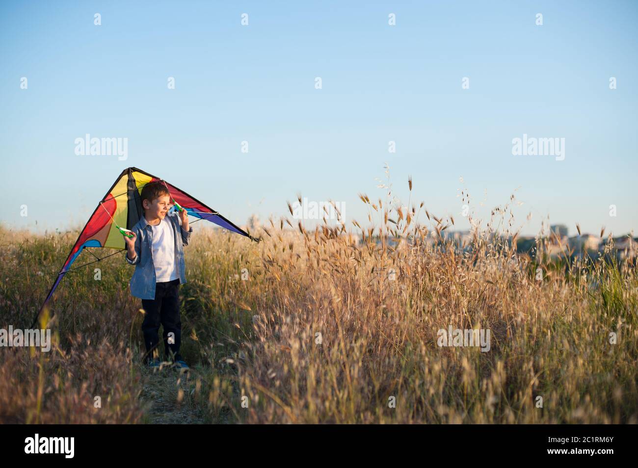 joyeux petit garçon rêvant avec cerf-volant coloré au milieu de l'herbe sèche sur le coucher du soleil d'été près de la ville de banlieue Banque D'Images