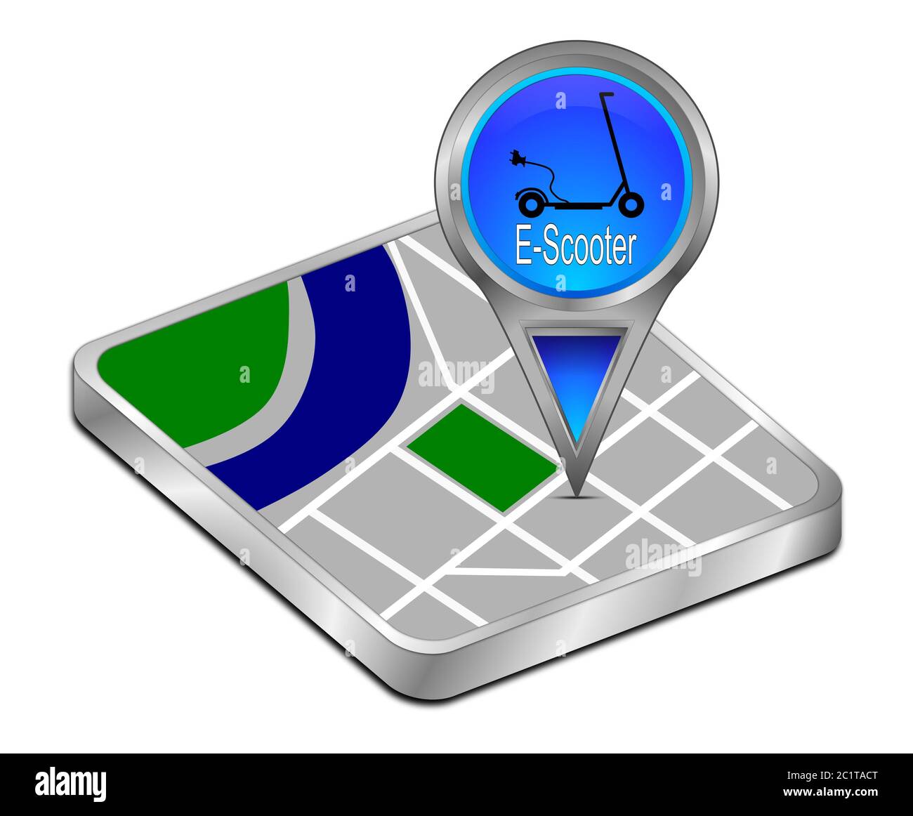 Pointeur de carte bleu avec E-Scooter - illustration 3D Banque D'Images