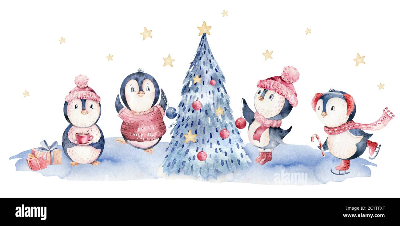 Aquarelle Joyeux Noel Personnage Pingouin Illustration Carte De Dessin D Animaux Amusante Et Isolee En Hiver Hiver Noel Hiver Pingouins Photo Stock Alamy