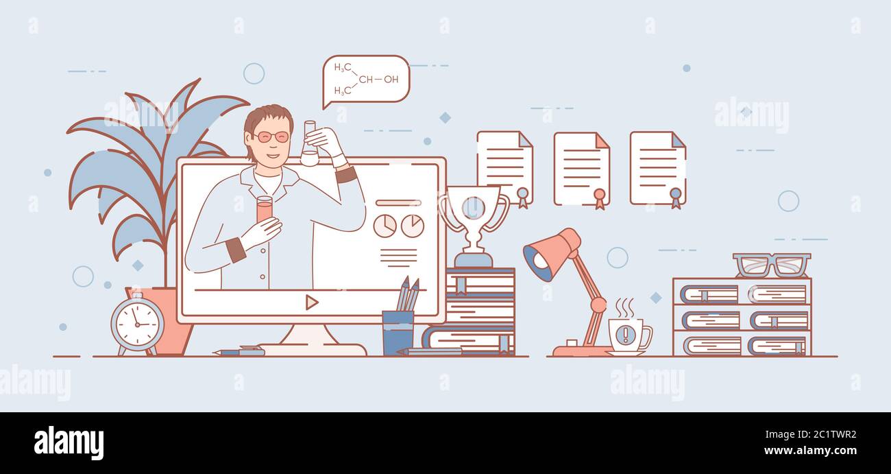 Cours de chimie en ligne ou illustration du contour de dessin animé vectoriel d'analyse en ligne. Moniteur d'ordinateur et scientifique heureux dans une blouse de laboratoire dans un flacon de maintien. Bureau de travail du scientifique ou professeur de chimie. Illustration de Vecteur