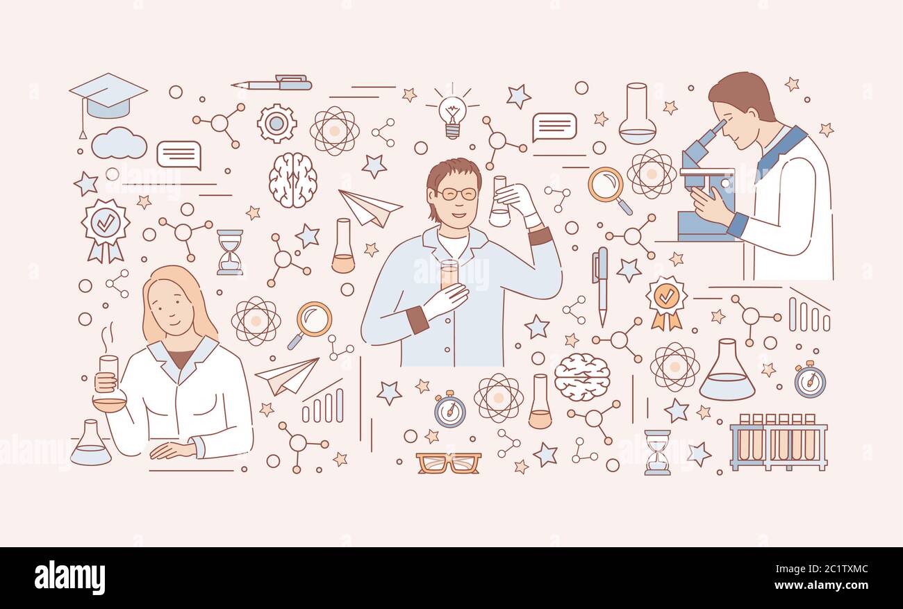 Les scientifiques entourés de symboles scientifiques qui développent des vaccins ou font des illustrations vectorielles d'analyse chimique ou médicale. Récompenses, molécules, flacons et tubes, symboles cerveau, étoiles. Illustration de Vecteur