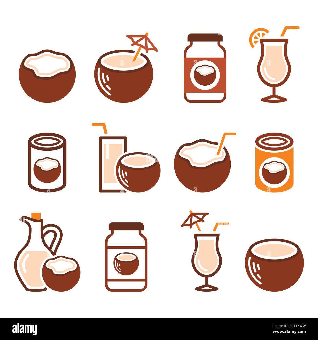Lait de coco, huile, cocktail - vecteur de nourriture saine icônes ensemble Illustration de Vecteur