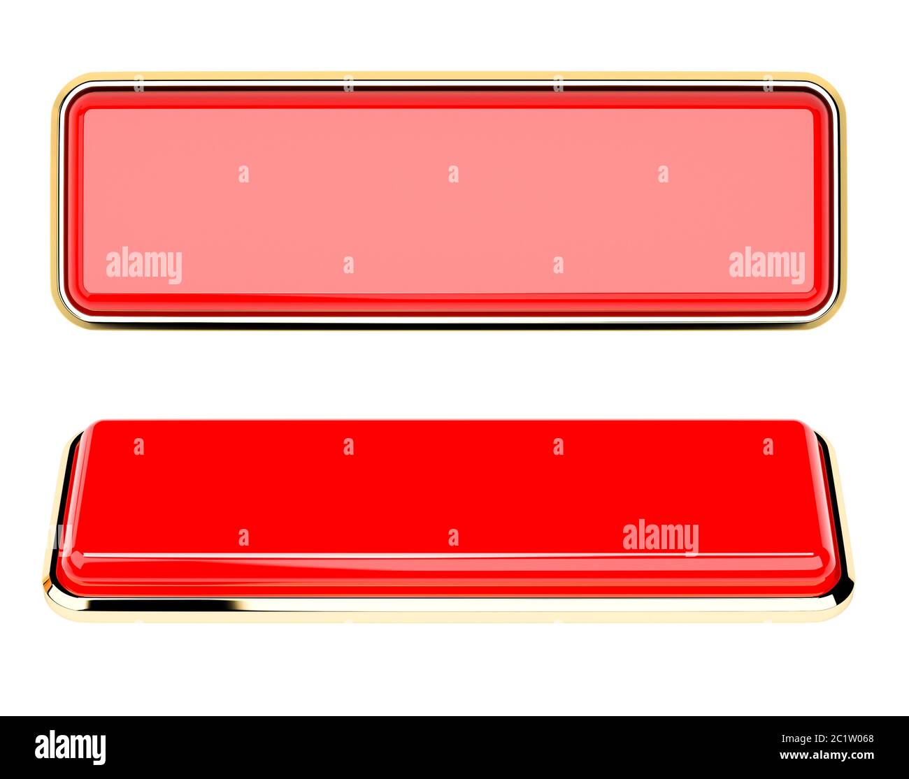Boutons-poussoirs rectangulaires rouges avec cadre doré. Icônes brillantes Banque D'Images