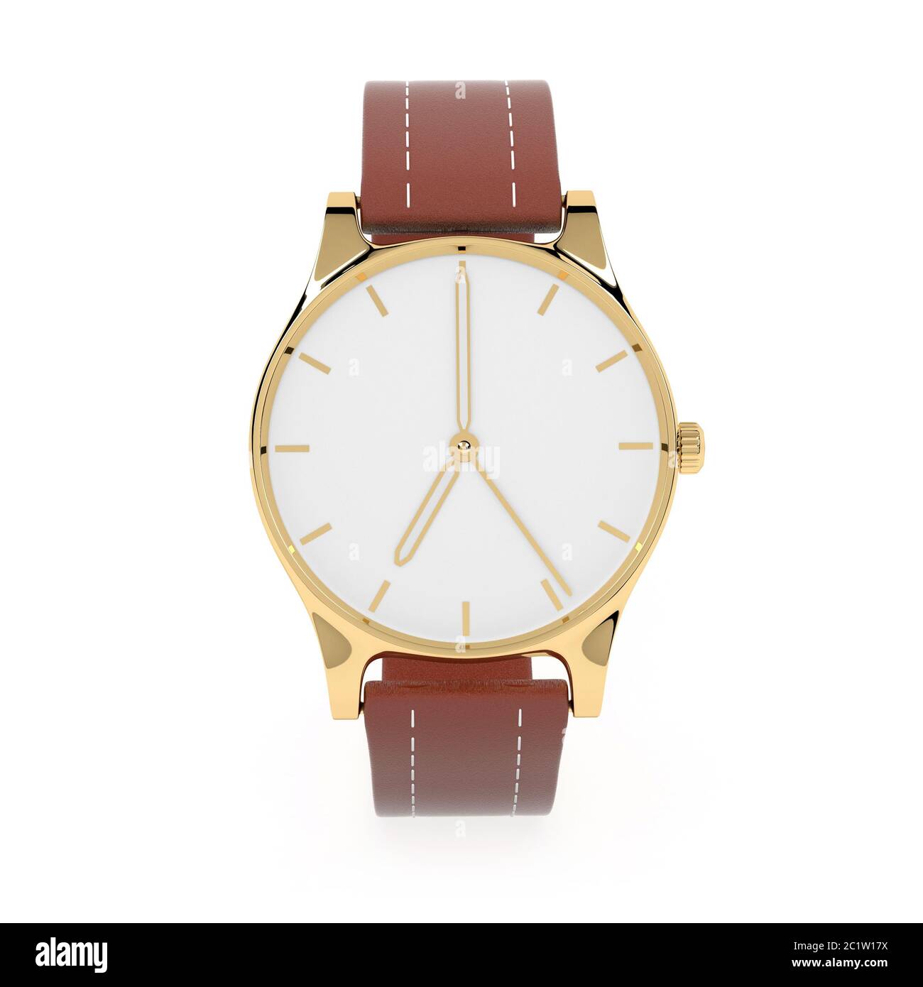 Montre-bracelet. Cadran blanc avec étui doré et bracelet en cuir marron. illustration du rendu 3d Banque D'Images