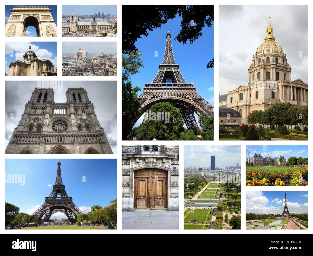 Paris, France - Voyage collage photo avec la Tour Eiffel, notre Dame et Arche Triumphal. Banque D'Images