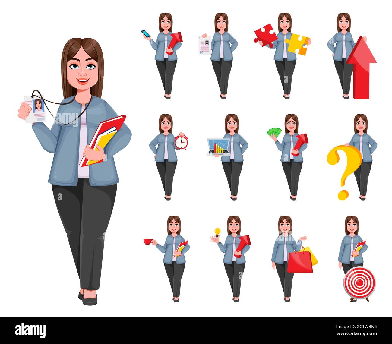 Bonne femme d'affaires grande, femme de plus taille, ensemble de treize poses. Un personnage de dessin animé gai choubby businesswoman. Illustration vectorielle Illustration de Vecteur