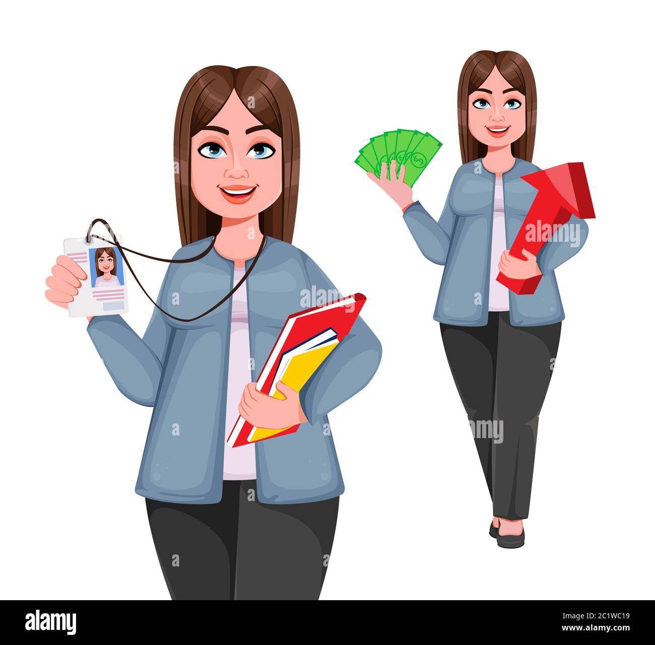 Bonne femme d'affaires grande, femme de plus taille, ensemble de deux poses. Un personnage de dessin animé gai choubby businesswoman. Illustration vectorielle Illustration de Vecteur