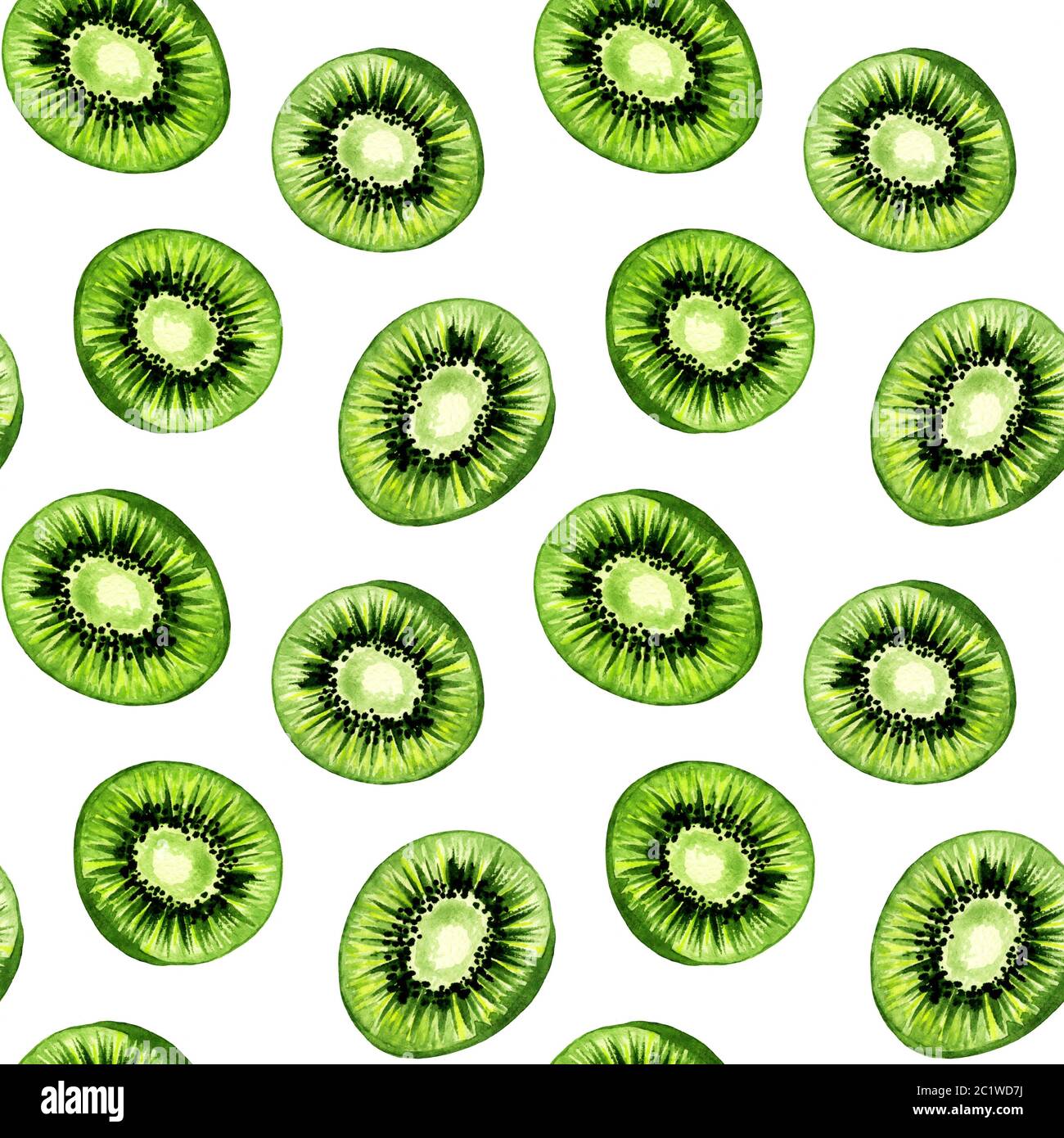 Motif kiwi, fond sans couture, fruits tropicaux dans la texture de dessin de peinture aquarelle. Motif de tranches de fruits kiwi, motif de nourriture d'été vert pour l'impression textile ou textile et le décor de fond Banque D'Images