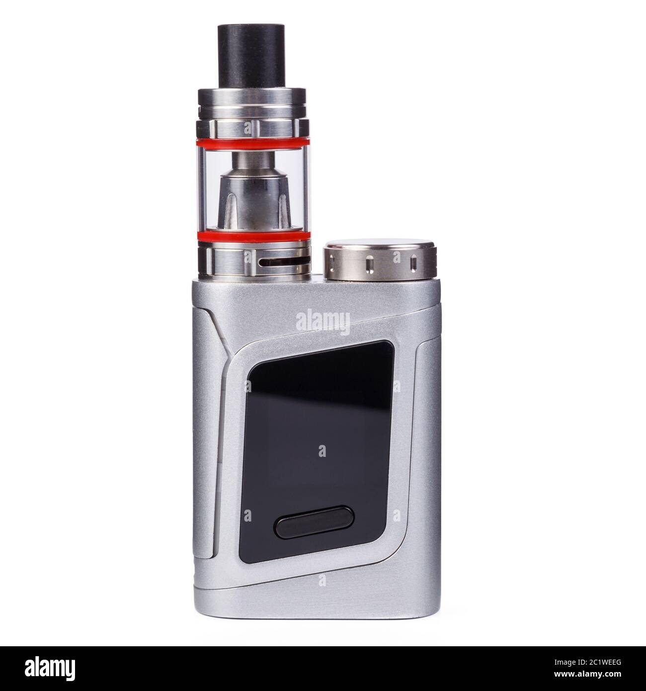 Dispositif de vaping, cigarette électronique, Vape sans nicotine isolée sur fond blanc. Réservoir mod. De boîte à vapeur avec liquide de vapotage. Banque D'Images