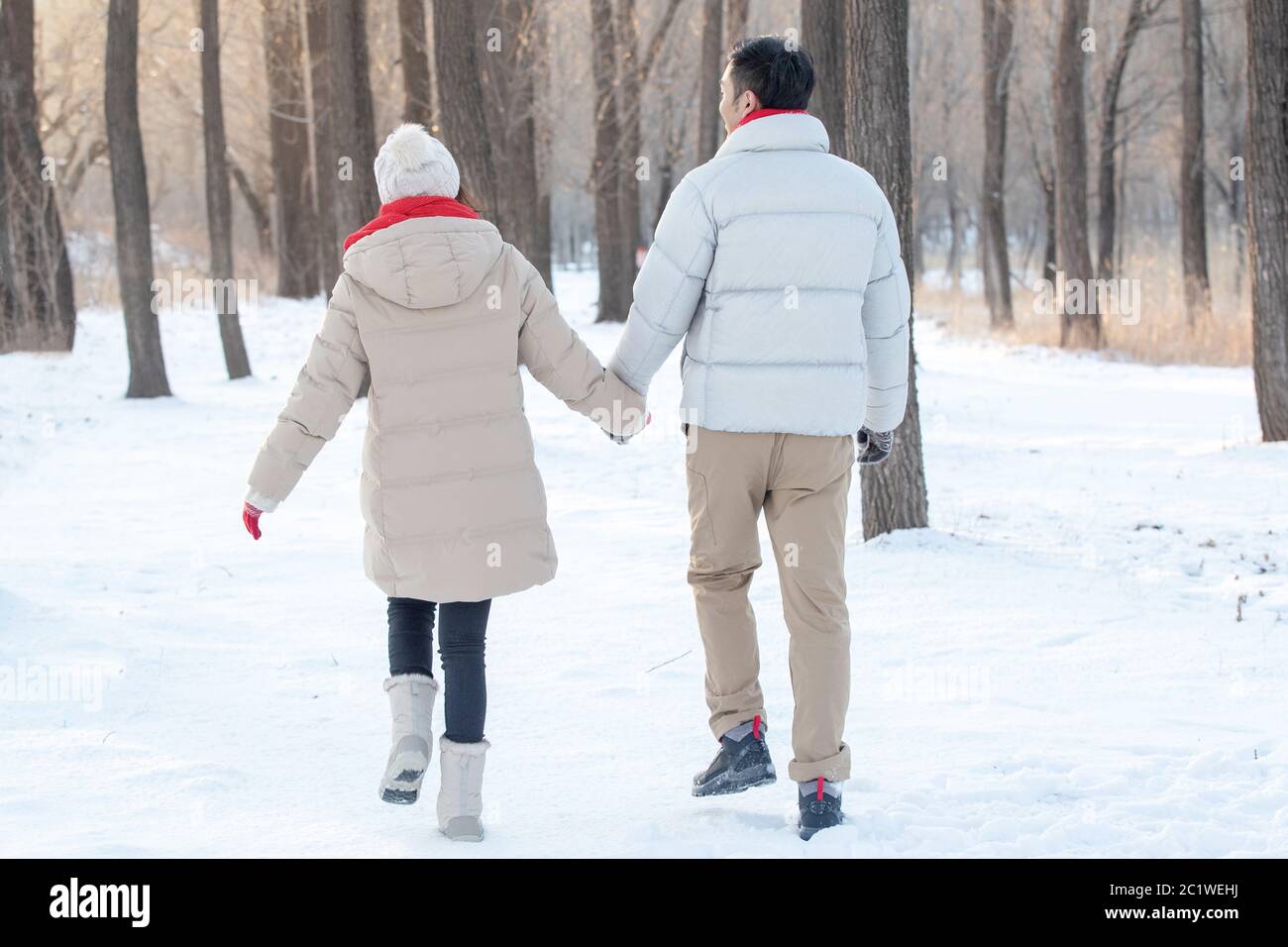 Le jeune couple marchant sur la neige Banque D'Images