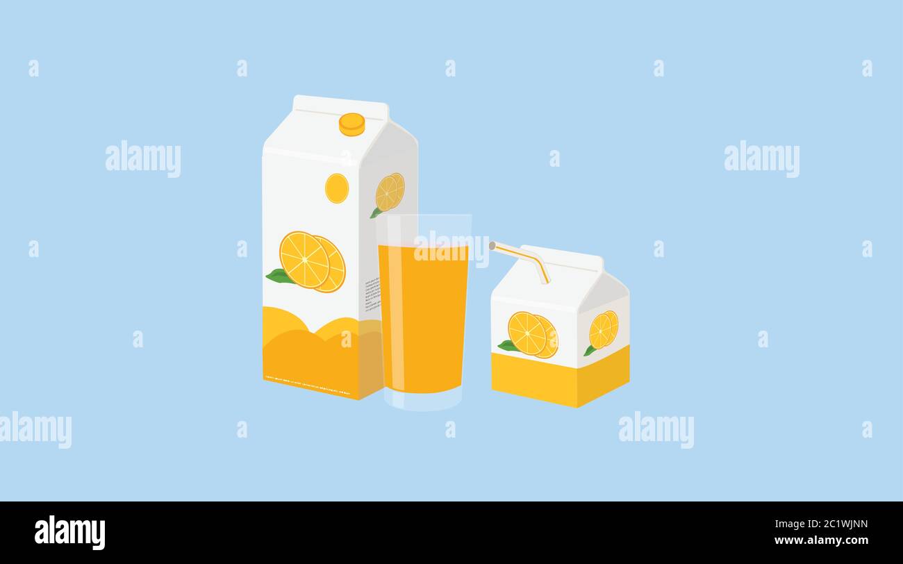 Illustration vectorielle d'une boîte de jus d'orange avec une petite boîte de jus d'orange et un verre de jus d'orange Illustration de Vecteur