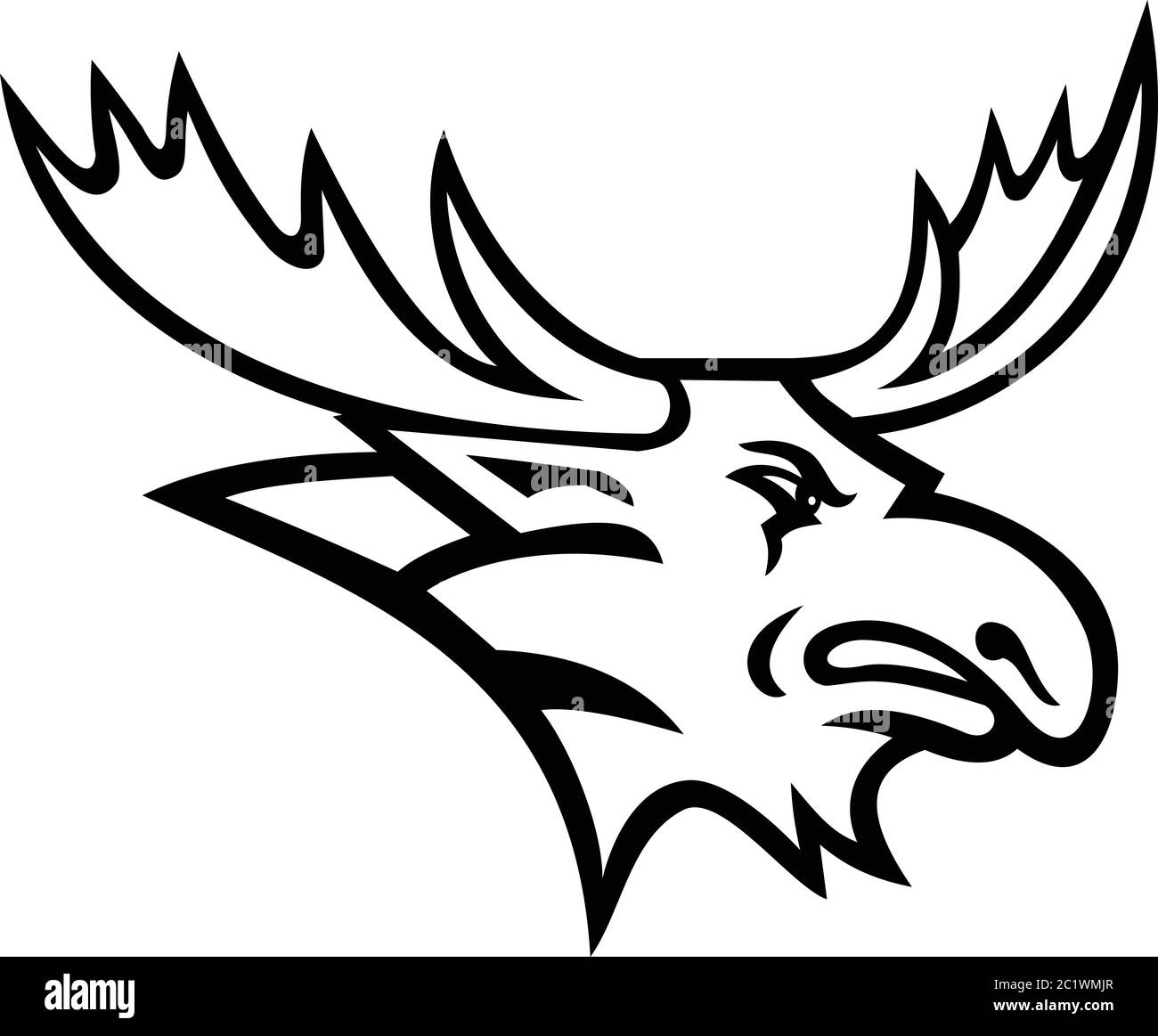Mascotte noire et blanche illustration de la tête d'un orignal ou d'un wapiti de taureau, la plus grande espèce existante de la famille des cerfs, avec des bois larges et plats ou une vie de palmate Illustration de Vecteur Mascotte noire et blanche illustration de la tête d'un orignal ou d'un wapiti de taureau, la plus grande espèce existante de la famille des cerfs, avec des bois larges et plats ou une vie de palmate Illustration de Vecteur
