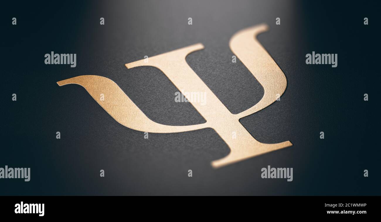 illustration 3d d'une lettre psi dorée symbole de psychologie ou de psychiatrie sur fond noir. Alphabet grec. Banque D'Images