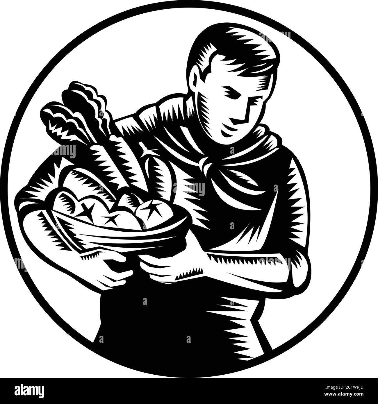 Illustration noire et blanche d'un fermier biologique avec un panier rempli de produits de la ferme comme des fruits et des légumes fait dans le style rétro de coupe de bois. Illustration de Vecteur