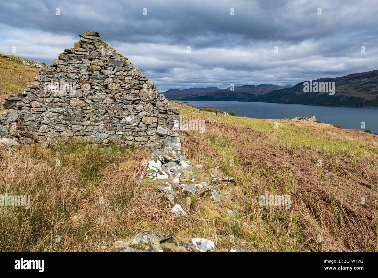 Maison et village de croft abandonnés, Strome Meanach, Lochcarron, Strathcarron, Ross-shire Banque D'Images