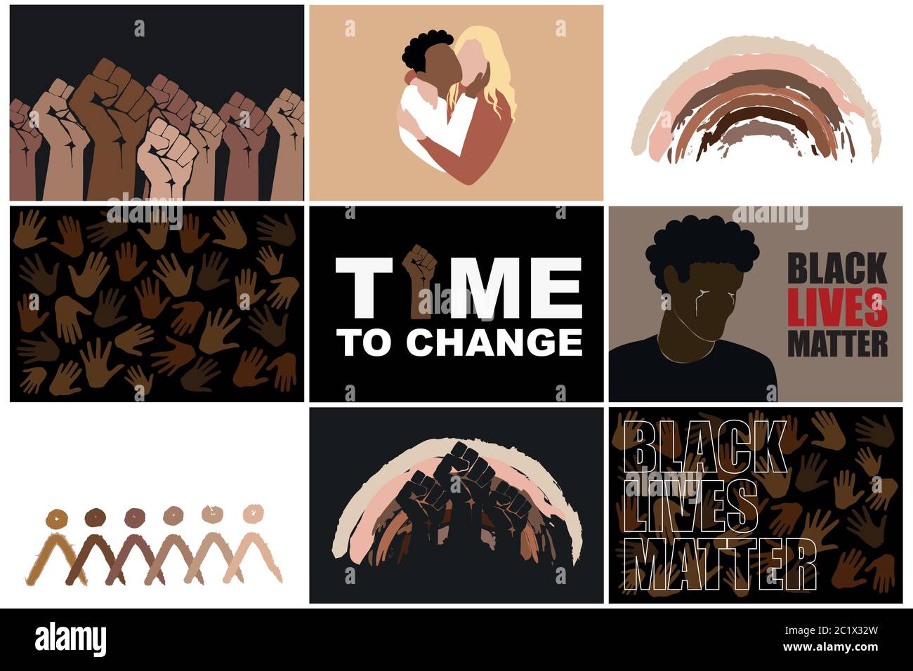 Les vies noires sont un jeu d'importance. Arrêter le racisme. Protestant les hommes de poing, les personnes multiraciales qui s'embrasent, les mains différentes, les pleurs d'homme, les personnes arc-en-ciel et abstraites diffèrent Illustration de Vecteur