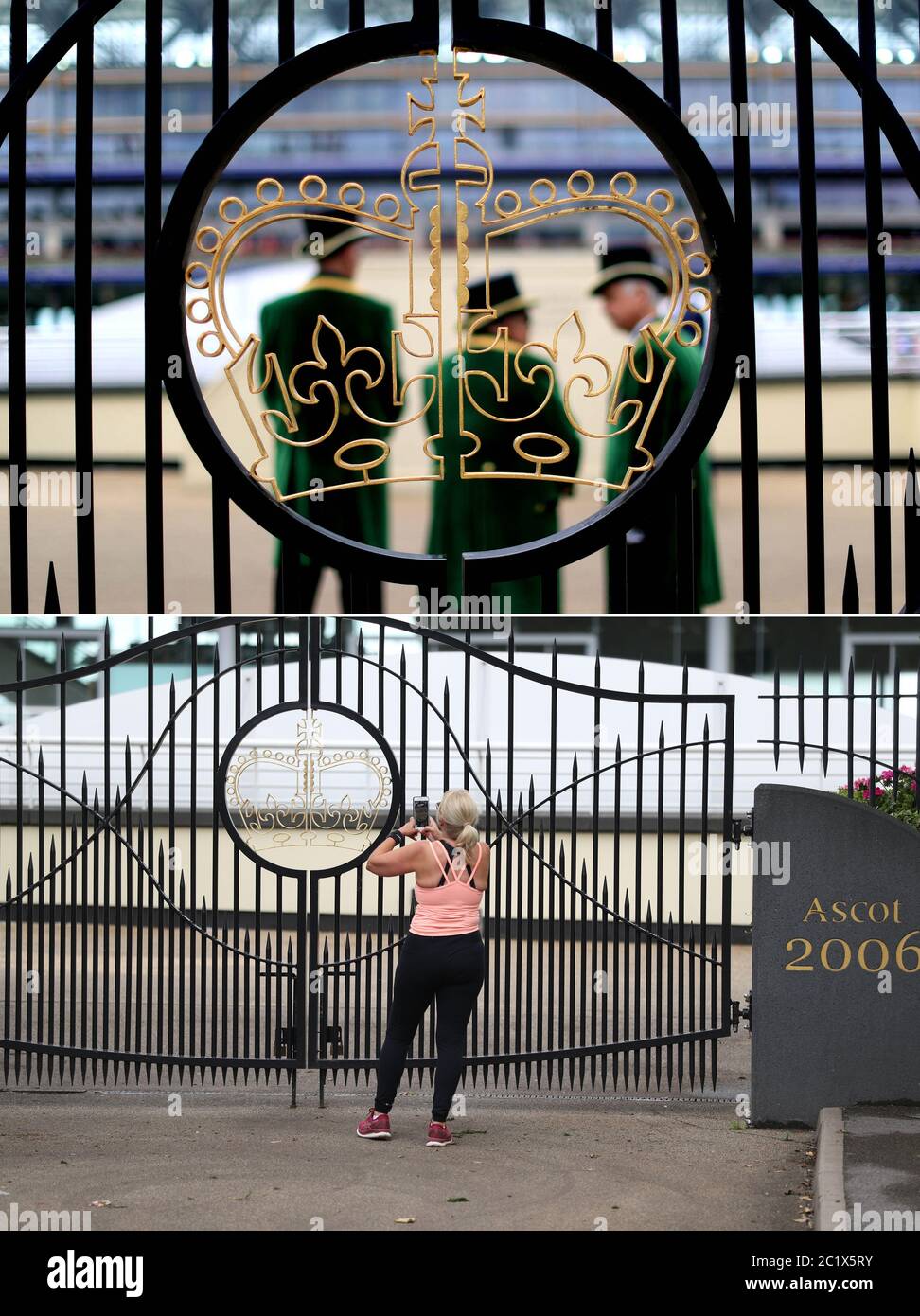 Photo composite de (haut) l'emblème de la Couronne porte à Ascot pendant le quatrième jour de Royal Ascot 2016, à l'hippodrome d'Ascot le 17/06/16, et une femme prenant une photo à l'extérieur des portes vides aujourd'hui (bas), alors que la réunion de Royal Ascot se déroule derrière des portes fermées pendant la pandémie de Covid-19. Banque D'Images