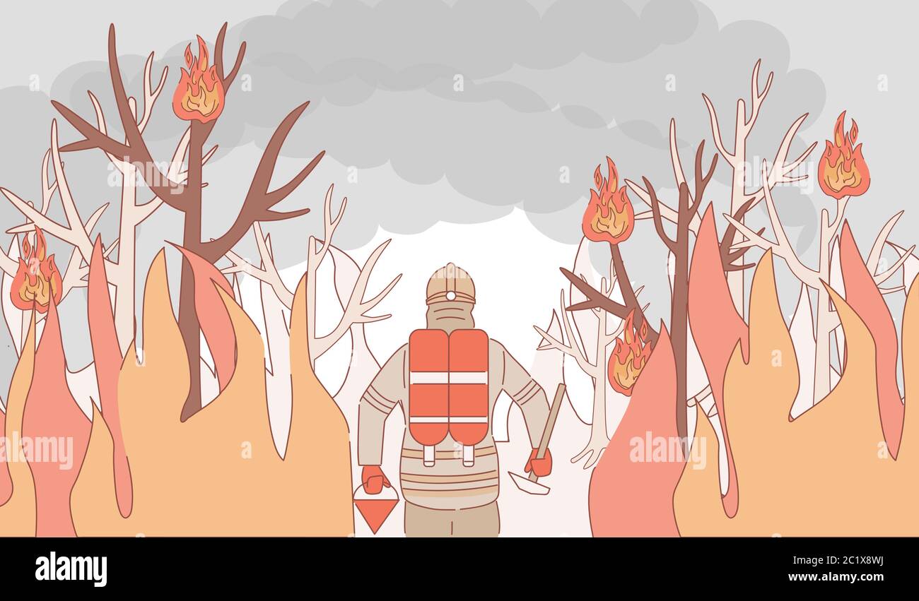 Le pompier courageux en uniforme et le casque avec équipement de sauvetage éteint une illustration de dessin animé vecteur de feu de forêt. Pompier dans la forêt en feu essayant de mettre le feu. Illustration de Vecteur