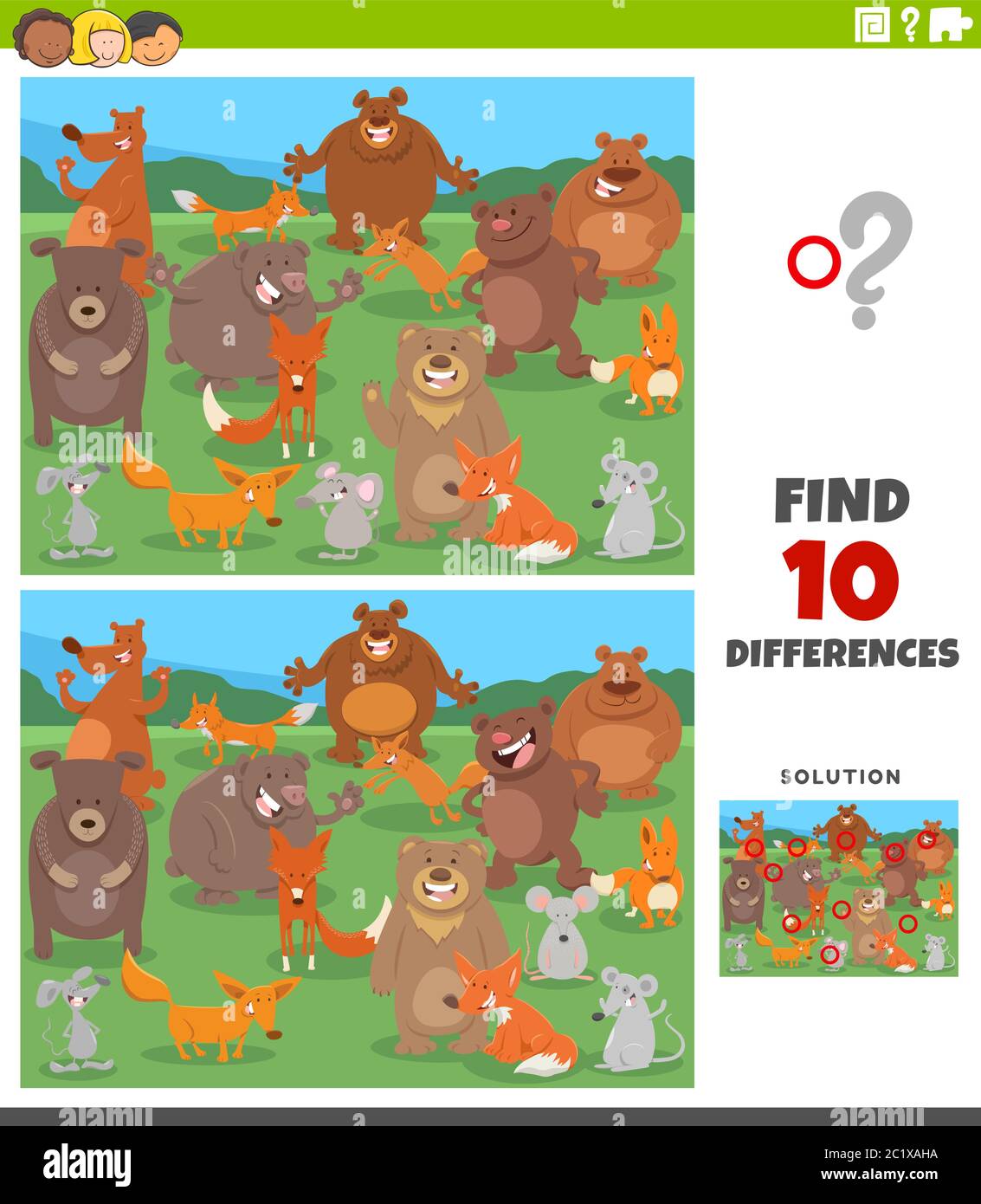 Dessin animé Illustration de trouver des différences entre les images jeu éducatif pour les enfants avec drôle de groupe de caractères d'animal sauvage Illustration de Vecteur