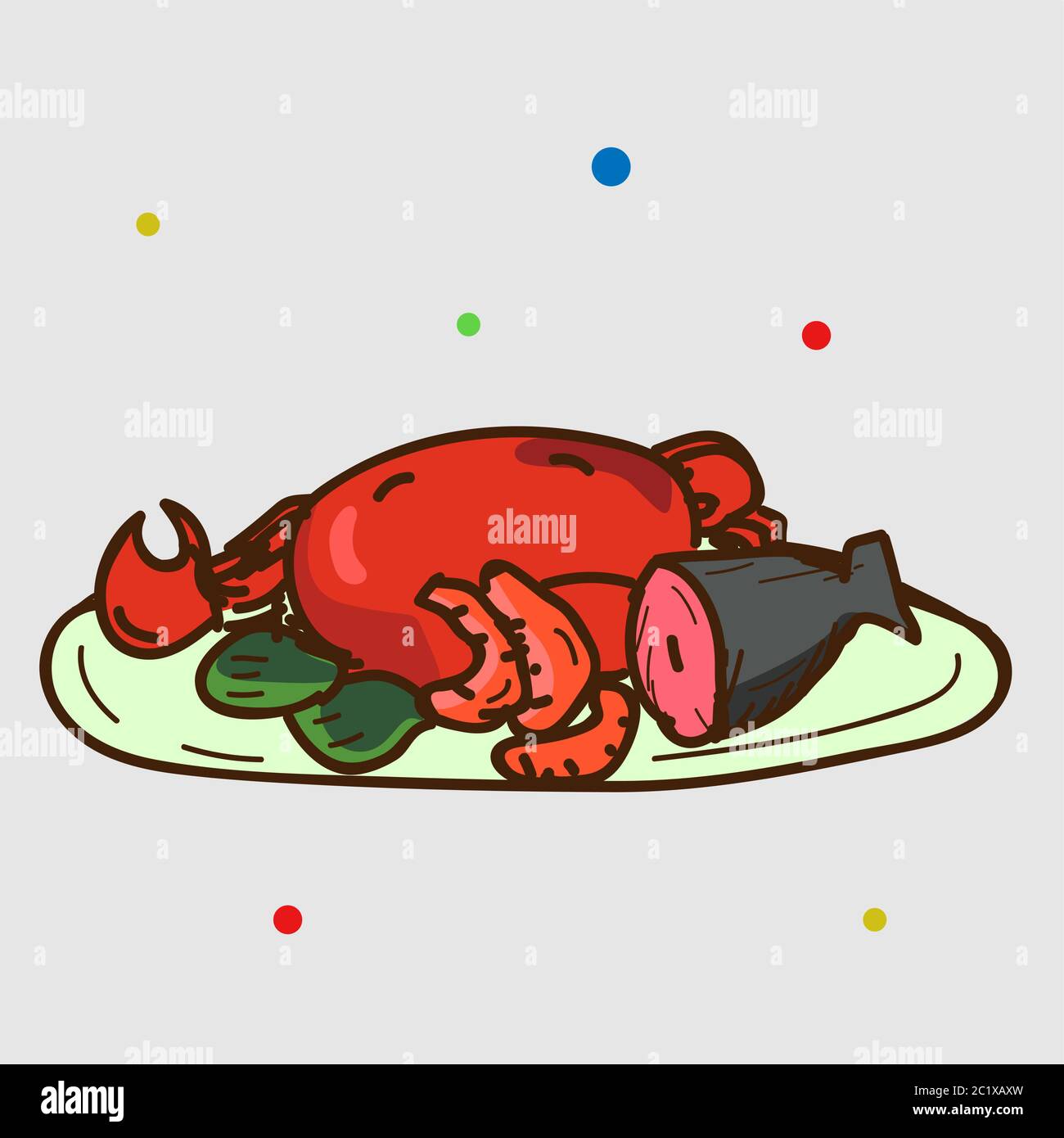 Illustration vectorielle de fruits de mer. Crabe, poisson, palourdes, crevettes. Style dessin animé plat Illustration de Vecteur