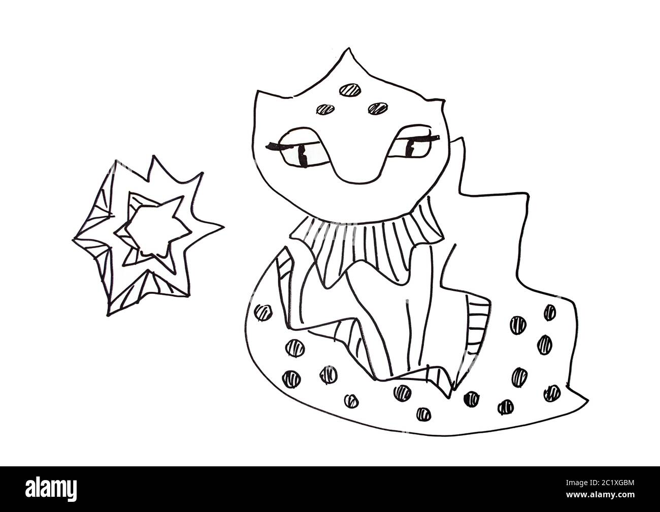 Libelle Dragon avec illustration en étoile. Dessin graphique à lignes noires sur fond blanc. Banque D'Images