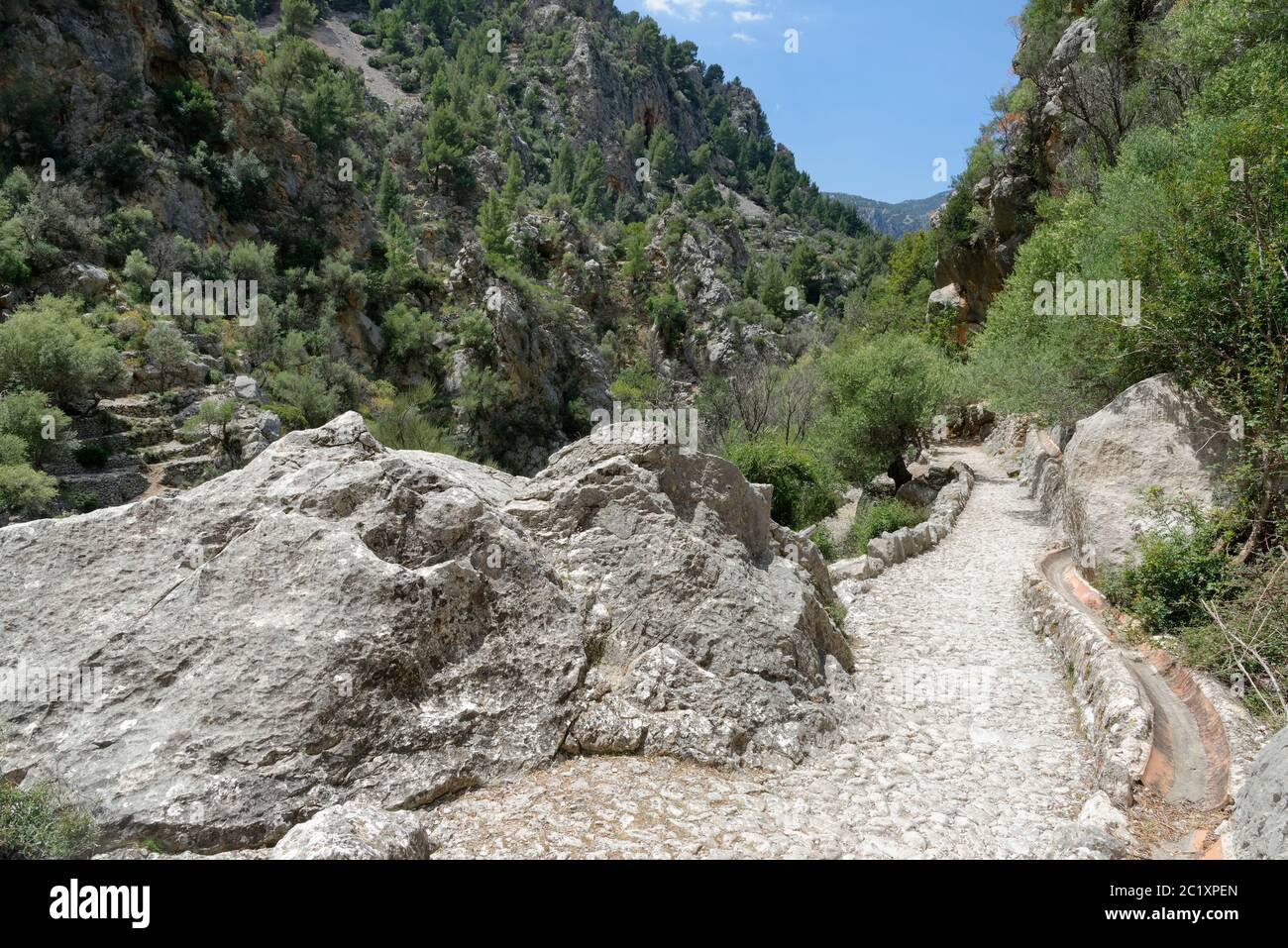 Vue sur le sentier de randonnée Baranc de Biniaraix avec chemin en pierre pavée menant de la chaîne de montagnes Serra de Tramuntana à Biniaraix, Majorque Banque D'Images