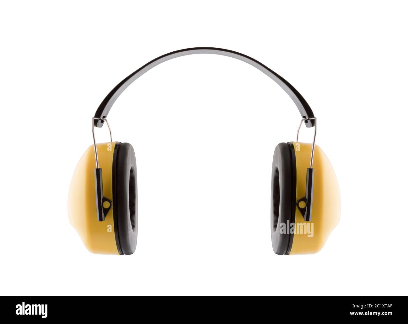 Protection contre le bruit. Protection auditive cache-oreilles jaune isolé sur fond blanc Banque D'Images