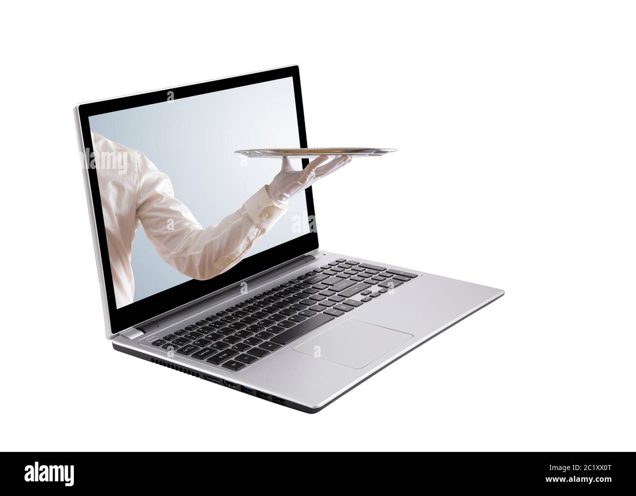 Waiter holding empty silver tray sur un écran d'ordinateur portable isolated on white Banque D'Images