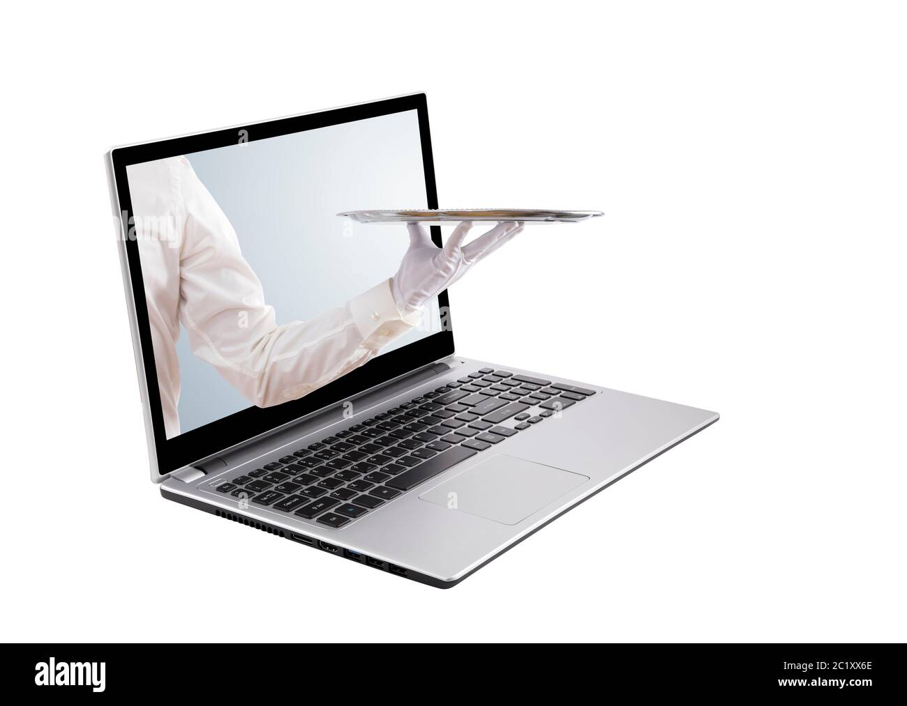 Waiter holding empty silver tray sur un écran d'ordinateur portable isolated on white Banque D'Images