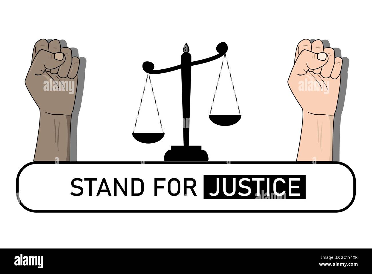 Illustration vectorielle avec le texte « Stand for Justice ». Poings noirs et blancs. Concept d'unité et de force contre l'injustice et la manipulation Illustration de Vecteur