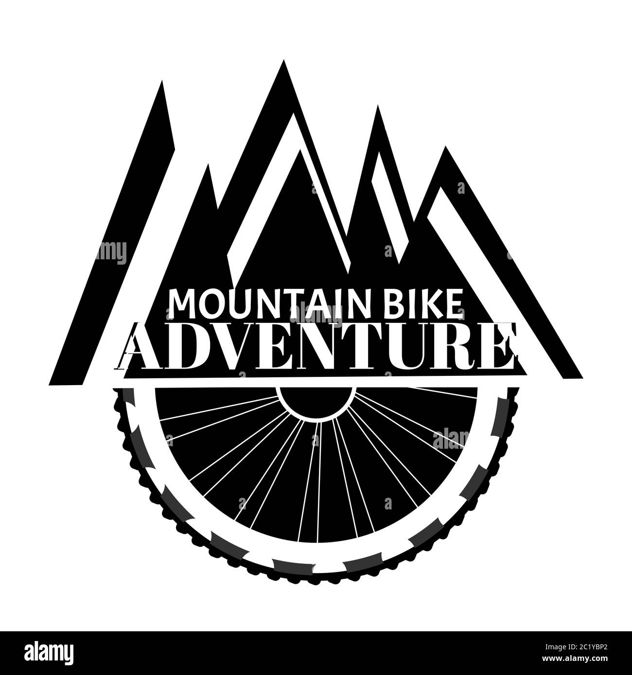 VTT. Concept de conception créative de Outdoor Adventure Trail. Roue de vélo et montagne abstraite Banque D'Images