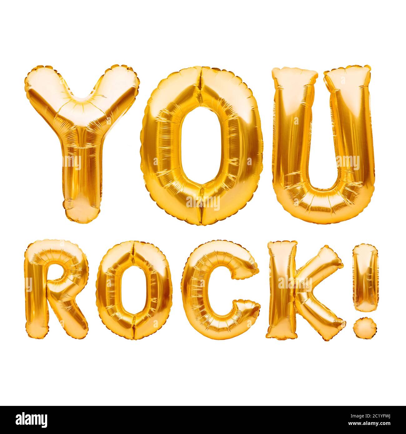 Mots YOU ROCK fait de ballons gonflables dorés isolés sur blanc. Motivation, mots d'affirmation positifs d'argot, lettrage de ballons d'or, message Banque D'Images