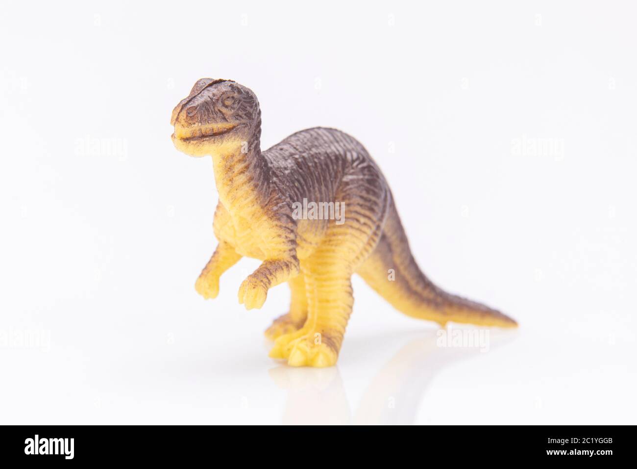 gros plan d'une figurine de dinosaure en plastique coloré isolée sur un fond blanc Banque D'Images