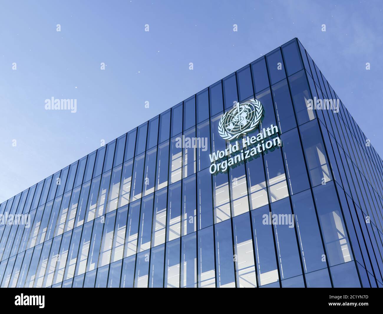 15 juin 2020, usage éditorial exclusif, 3D CGI. Logo de l'Organisation mondiale de la Santé sur le dessus du bâtiment en verre. Lieu de travail dans le siège de la haute tour Banque D'Images