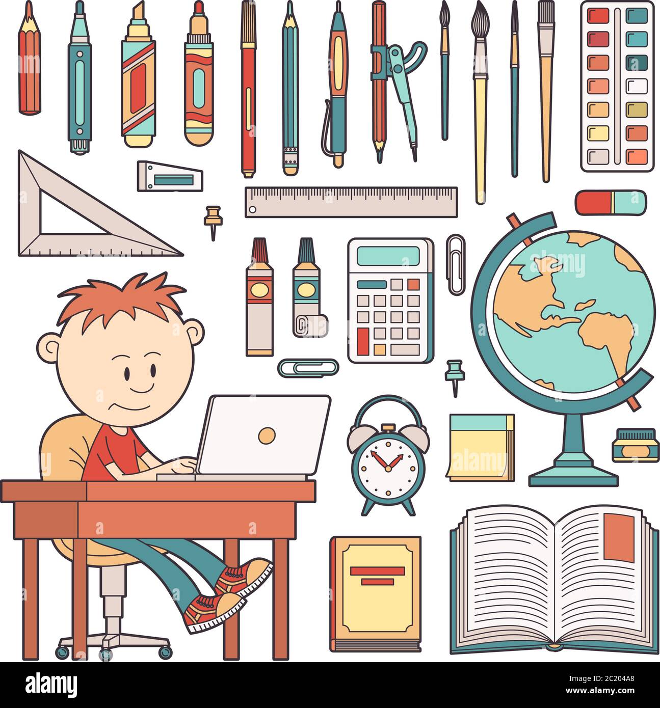 Un écolier est assis à une table avec un ordinateur portable Illustration de Vecteur