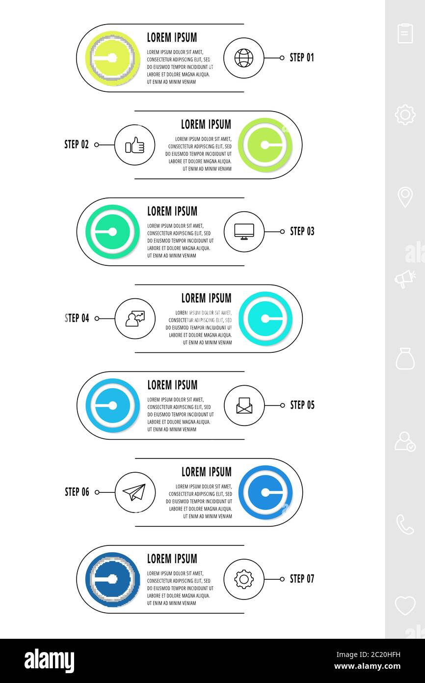 Modèle de conception d'infographies vectorielles avec flèches. Sept étapes. Le concept de ligne moderne peut être utilisé pour la mise en page de diagramme, d'entreprise, Web, de bannière et de flux de travail Illustration de Vecteur
