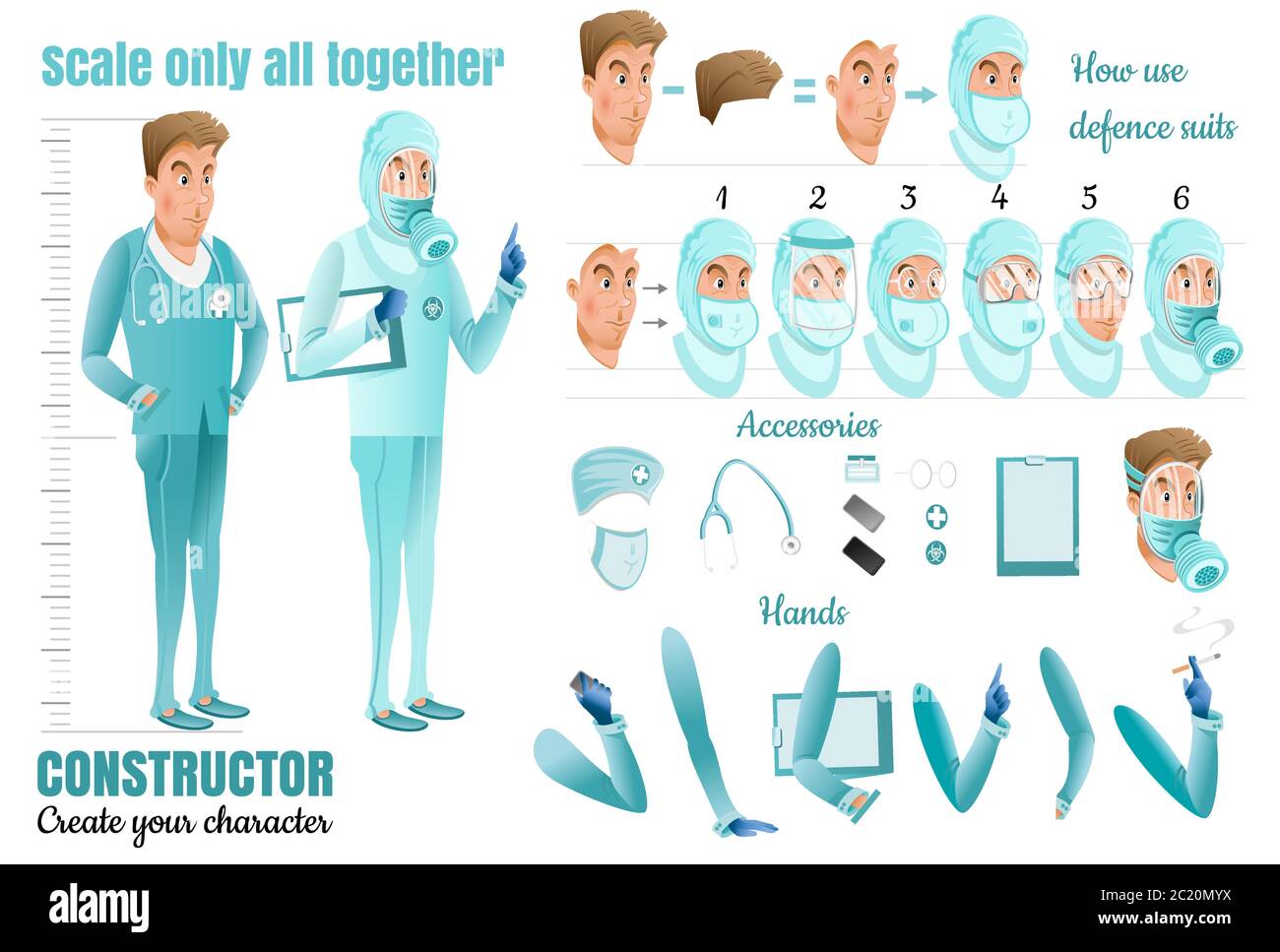 Médecins. Deux personnages de dessin animé. Différentes combinaisons de défense et position des mains. Illustration de Vecteur