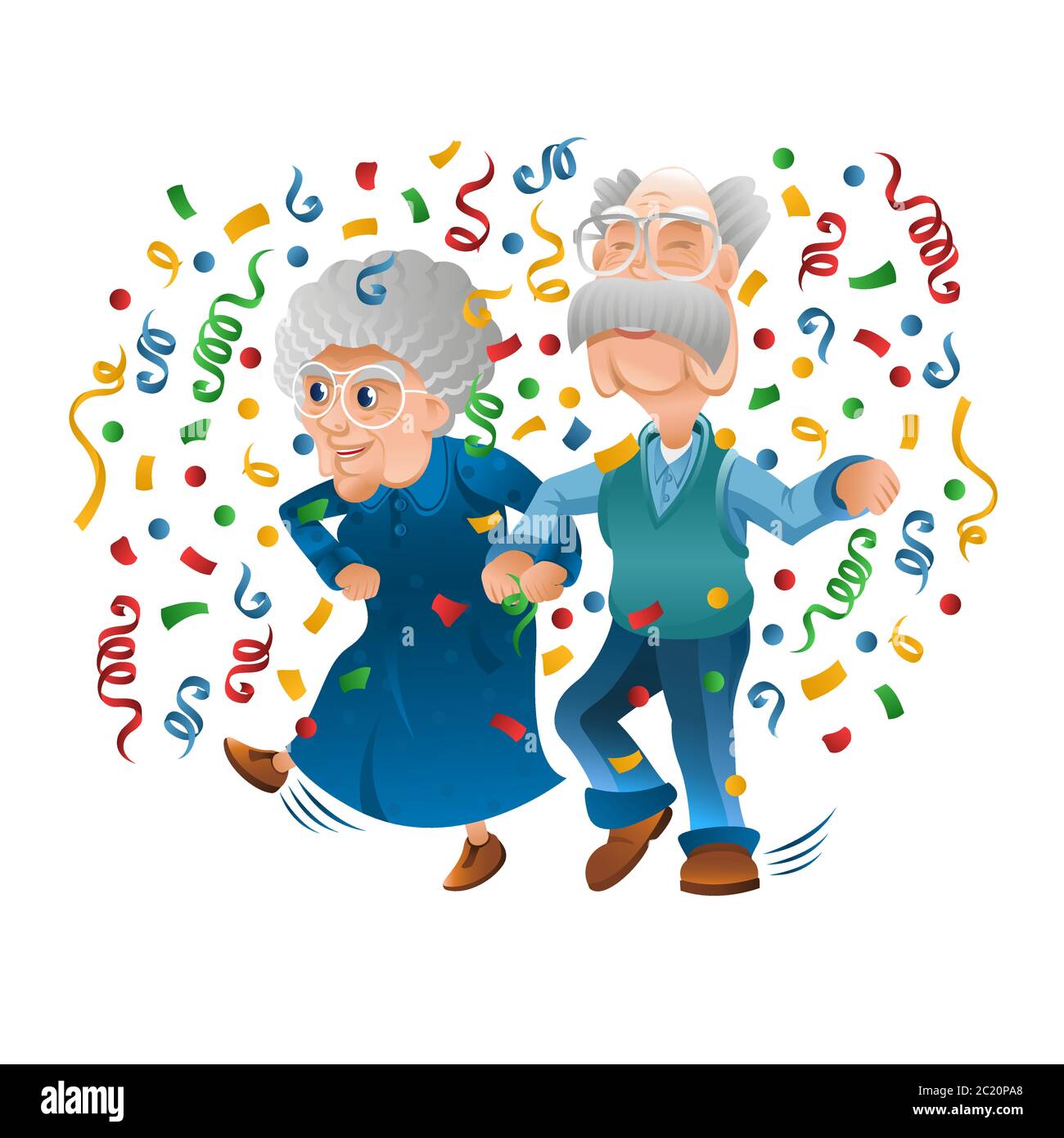 Grandpa et grand-mère ont du plaisir et de la danse à la discothèque. Grand-mère et grand-père tiennent les mains pour célébrer ensemble l'anniversaire ou d'autres vacances. Golden ju Illustration de Vecteur