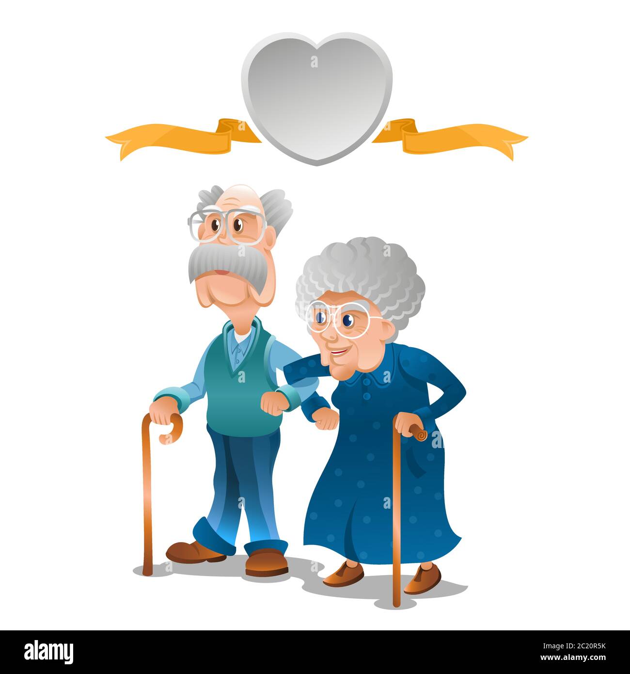 Les vieux grands-parents et les grands-parents se tiennent ensemble bras dans le bras. Couple avec grande bulle de parole dans la forme de coeur au-dessus d'eux. Illustration vectorielle moderne de style plat. Or Illustration de Vecteur