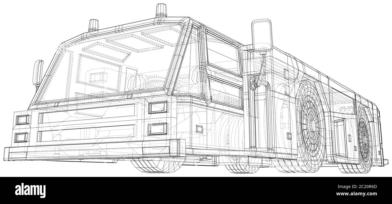 Véhicule de remorquage. Illustration du vecteur du chariot de remorquage. Ligne de cadre de fil isolée. Rendu vectoriel 3D. Illustration de Vecteur