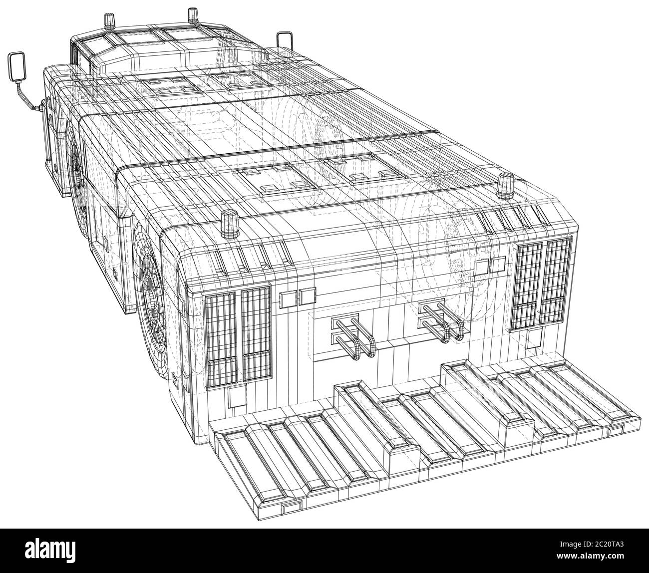 Transport de camion de remorquage dans l'aéroport isolé. Rendu 3D. Fil - châssis. Les couches de lignes visibles et invisibles sont séparées. Format EPS10. Illustration de Vecteur