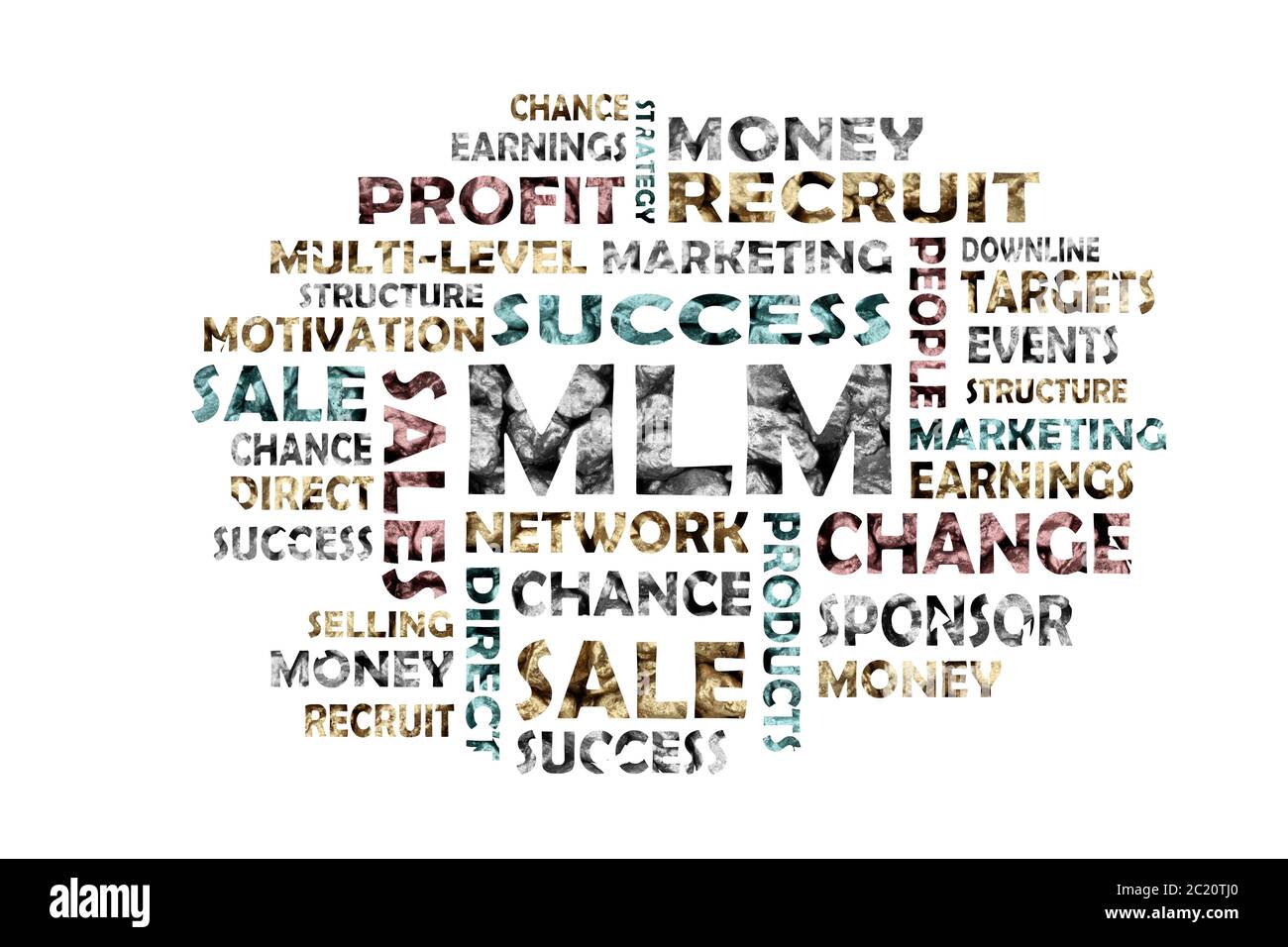 Nuage de mot avec compilation de mot-clé sur le sujet de MLM, marketing multi-niveau Banque D'Images