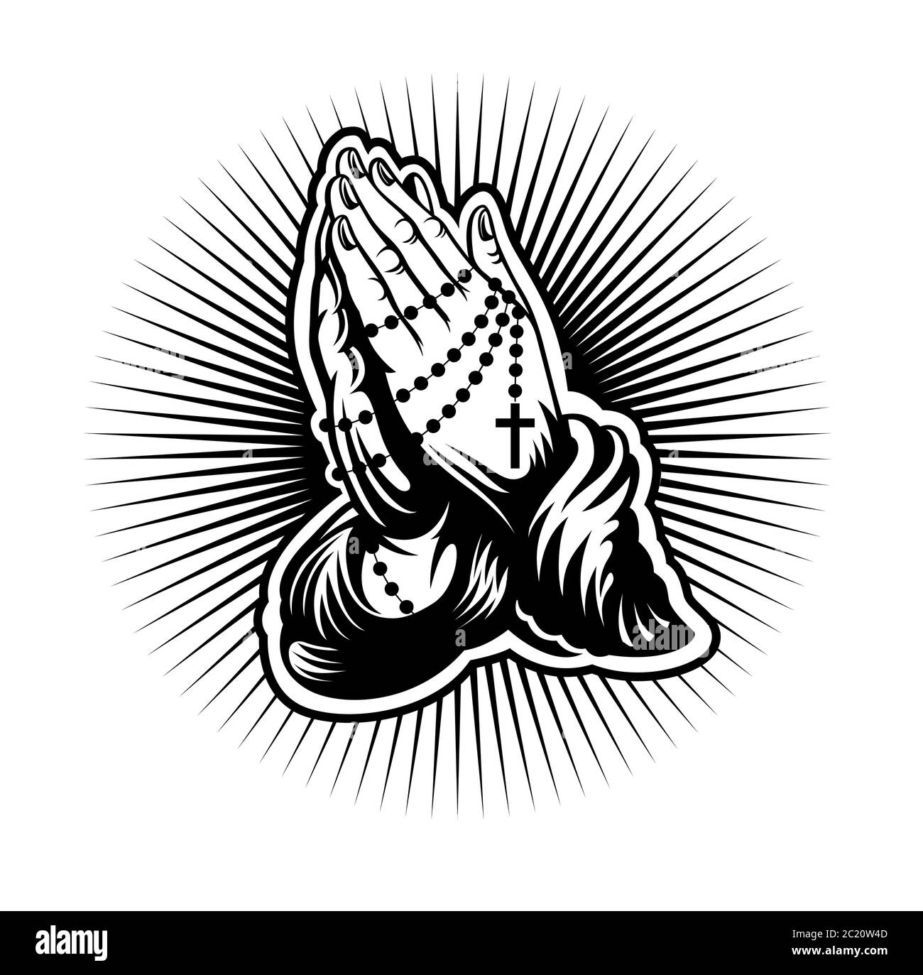 Priant les mains avec la chaîne et la croix au centre des rayons. Illustration vectorielle. Illustration de Vecteur