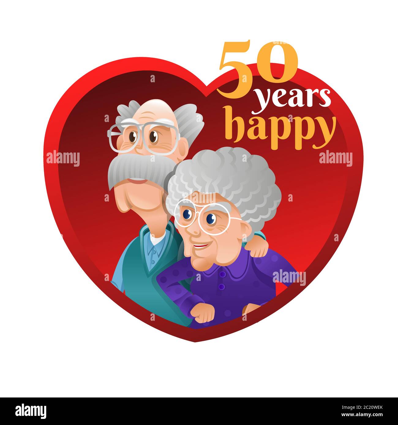 Grand-père embrasé grand-mère à l'intérieur du cœur rouge. Grand-mère et grand-père célébrant la relation à long terme. Jubilé d'or ou anniversaire de mariage d'or. Illustration de Vecteur