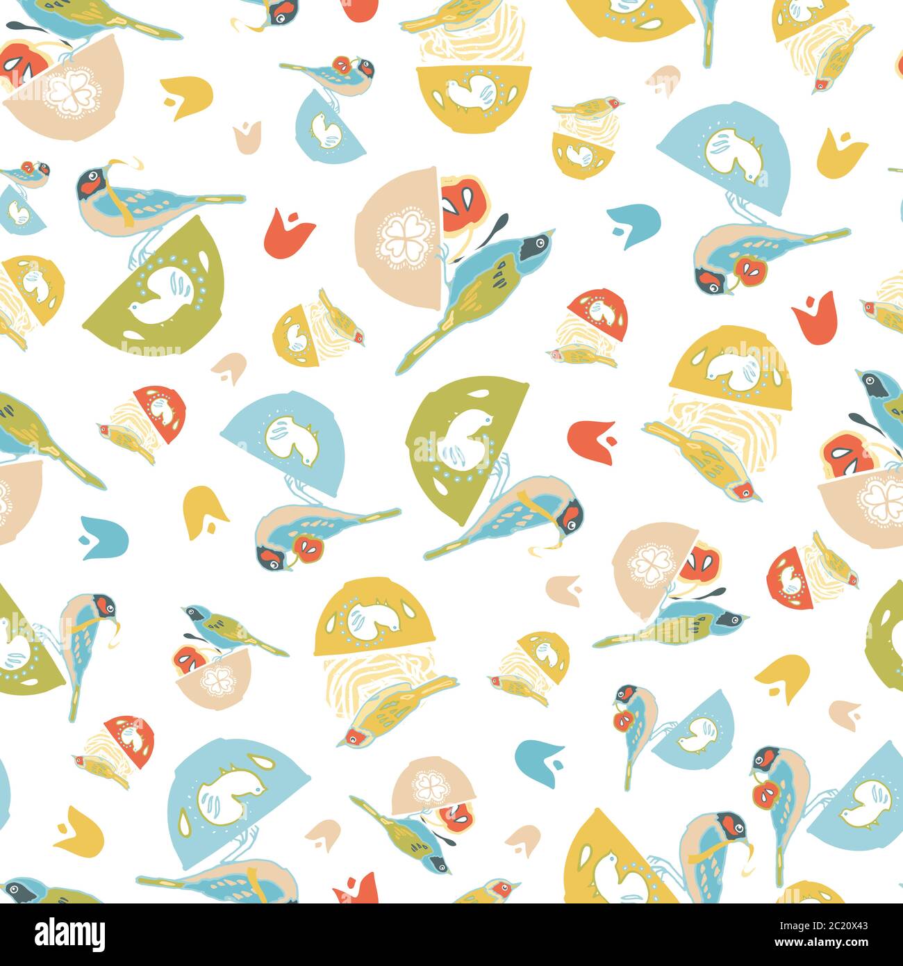 Cuisine vintage avec motif oiseau sans couture, oiseaux et bol mignons, design tendance sur fond blanc. Rétro vintage. Motif vectoriel transparent. Pour le tissu, le papier peint, le papier cadeau ou le motif carte postale Illustration de Vecteur