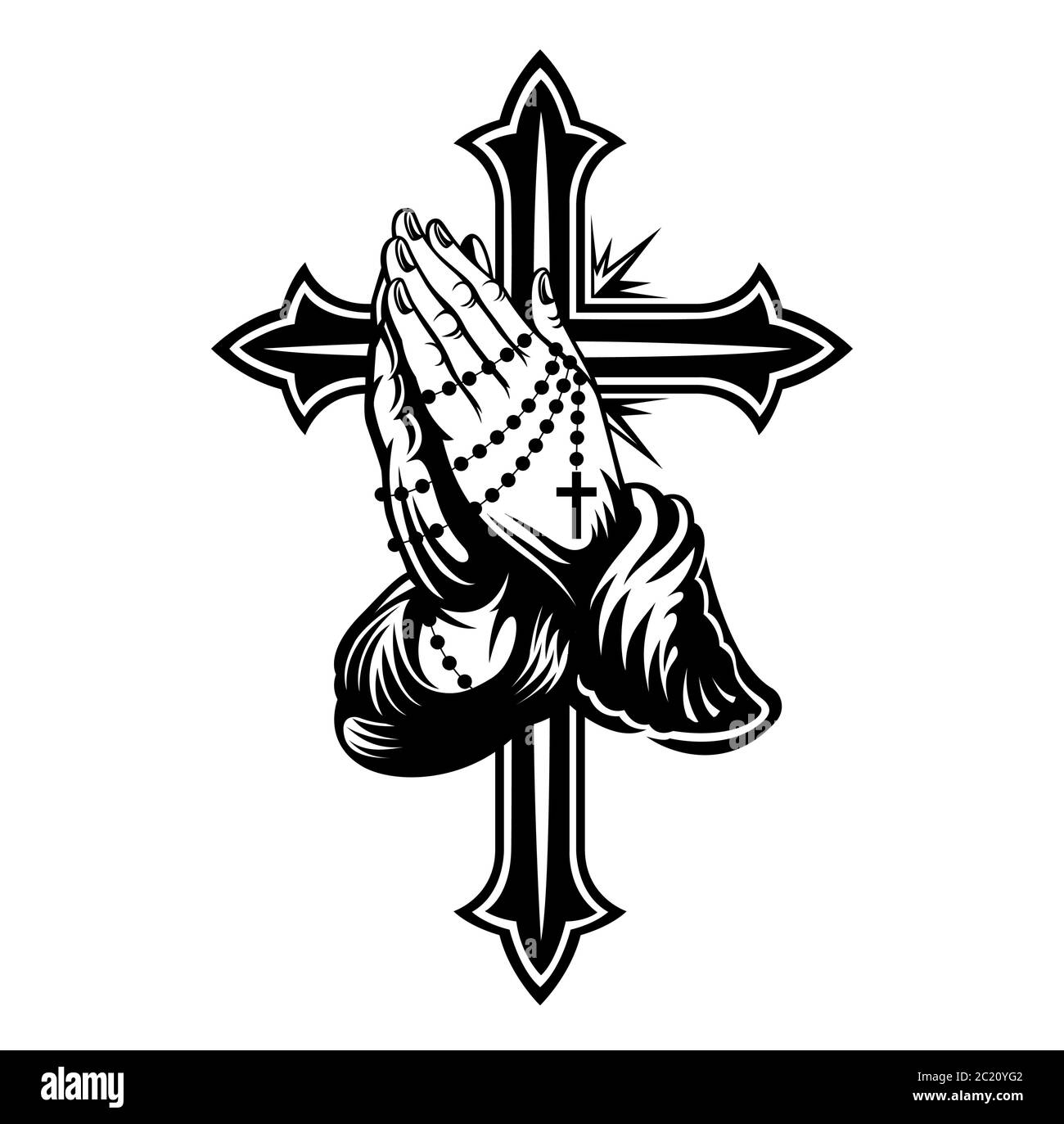 Priant les mains avec la chaîne et la grande croix derrière elle. Illustration vectorielle Illustration de Vecteur