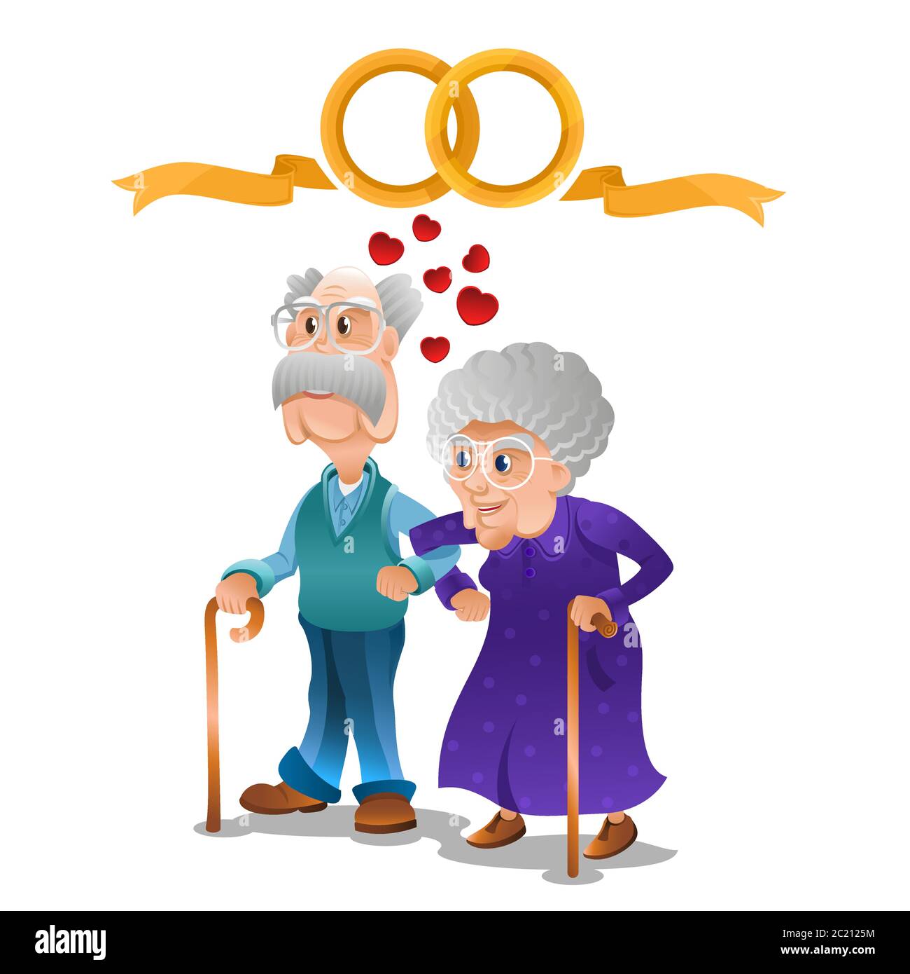 Les vieux grands-parents et les grands-parents se tiennent ensemble bras dans le bras. Couple avec deux anneaux dorés croisés au-dessus d'eux. Jubilé d'or ou anniversaire de mariage d'or. Illustration de Vecteur