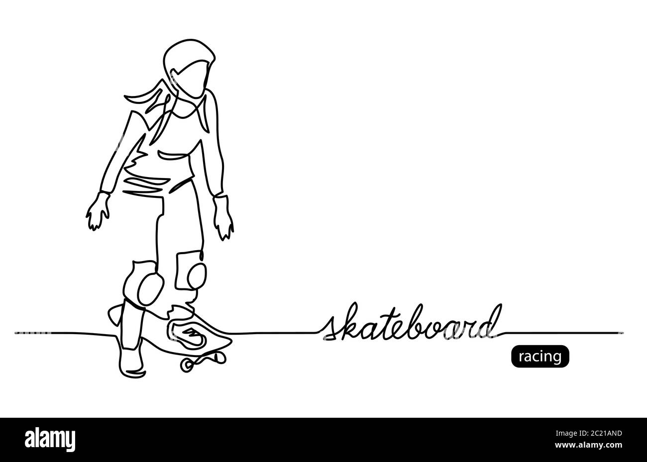 Fond vectoriel de skateboard, bannière Web, affiche. Un dessin continu de skater avec lettrage de planche à roulettes. Illustration de contour de fille Illustration de Vecteur